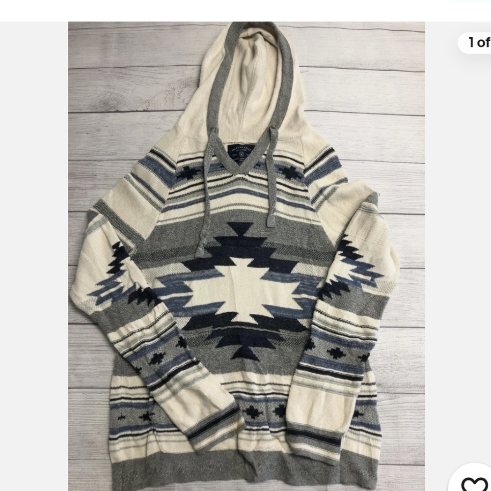 American Eagle Baha hoodie Sweater Blue White Southwest Pattern-M